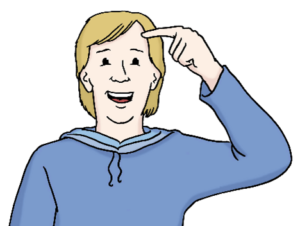 Eine Person in einem blauen Pullover tippt sich mit dem Zeigefinger an die Stirn und lacht.