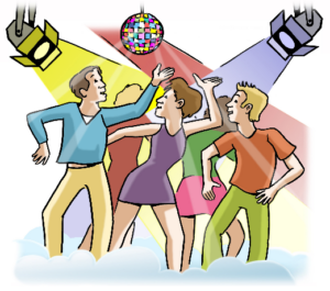 Zeichnung: Viele tanzende Menschen im Club oder der Disko. Über ihnen hängt eine Disko-Kugel und sie werden von bunten Lichtern beleuchtet.