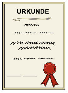 Zeichnung: Eine Urkunde mit Siegel.