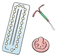 Zeichnung: Drei Verhütungsoptionen liegen nebeneinander. Eine Hormon-oder Kupferspirale, Ein Kondom und die Anti-Baby-Pille