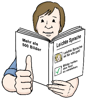 Zeichnung: Eine Mensch liest ein Buch mit dem Titel "Leichte Sprache". Der Mensch zeigt einen Daumen nach oben.