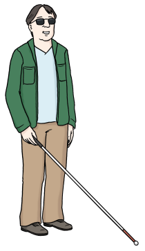 Zeichnung: Ein Mensch ist blind. Der Mensch hat eine dunkle Brille auf und verwendet einen Blindenstock.