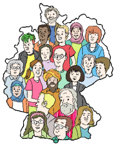 Zeichnung: Der Umriss einer Deutschladkarte. Innerhalb der Linie viele verschiedene Gesichter von ganz verschieden aussehenden Menschen.