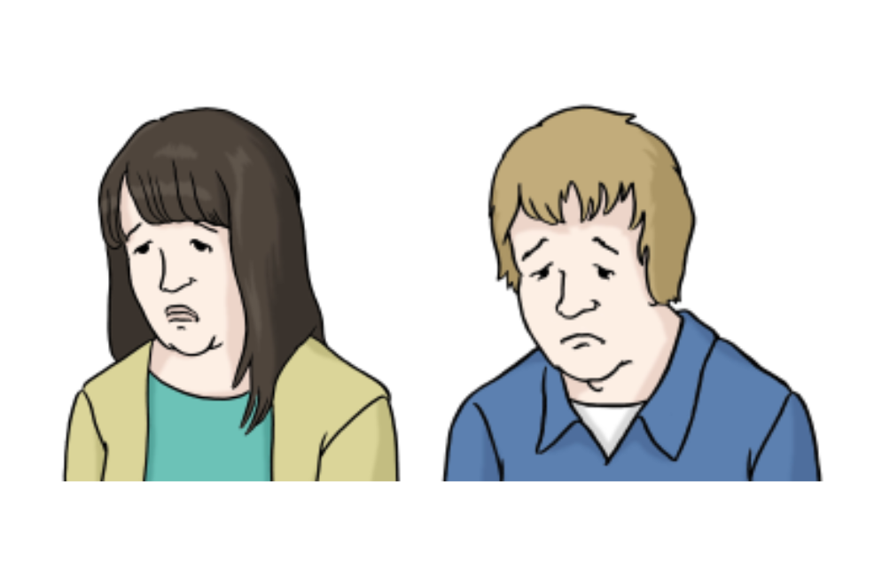 Zeichnung: Eine Frau und ein Mann sehen sehr traurig aus.
