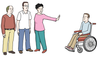 Zeichnung: Ein Mann sitzt im Rollstuhl. Vor ihm stehen drei Menschen. Eine von Ihnen macht eine abweisende Handgeste in die Richtung des Mannes im Rollstuhl.