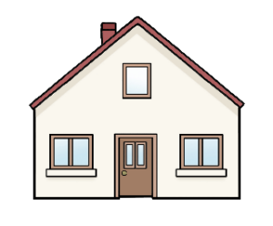 Zeichnung: Ein Haus mit drei Fenstern und einer Tür.