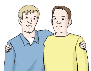 Zeichnung: Zwei Männer stehen nebeneinander. Der eine hat einen Arm um die Schulter des anderen gelegt.