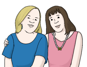 Zeichnung. Zwei Frauen sitzen nebeneinander. Die eine hat ihren Arm um die Schultern der anderen Frau gelegt.